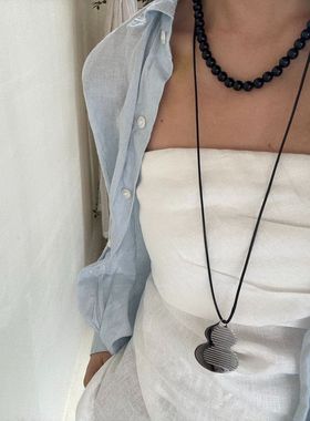 韩版ins风设计感葫芦液态不锈钢光面梳子项链黑色珍珠叠戴毛衣款