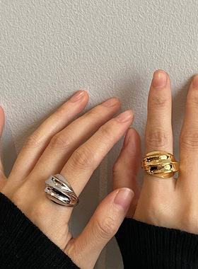 黄铜真金电镀欧美个性褶皱立体戒指设计感小众极简风时尚食指戒指