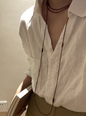 多层咖色水晶串珠长款项链女choker虎眼石小众时尚叠戴超长项链新