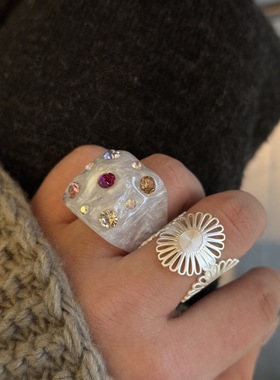 欧美晕染彩色镶钻方形几何树脂戒指指环个性潮流原创设计新款