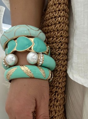 欧美新款手环彩色珐琅羽毛纹开口手镯高级复古多色青蓝色手镯