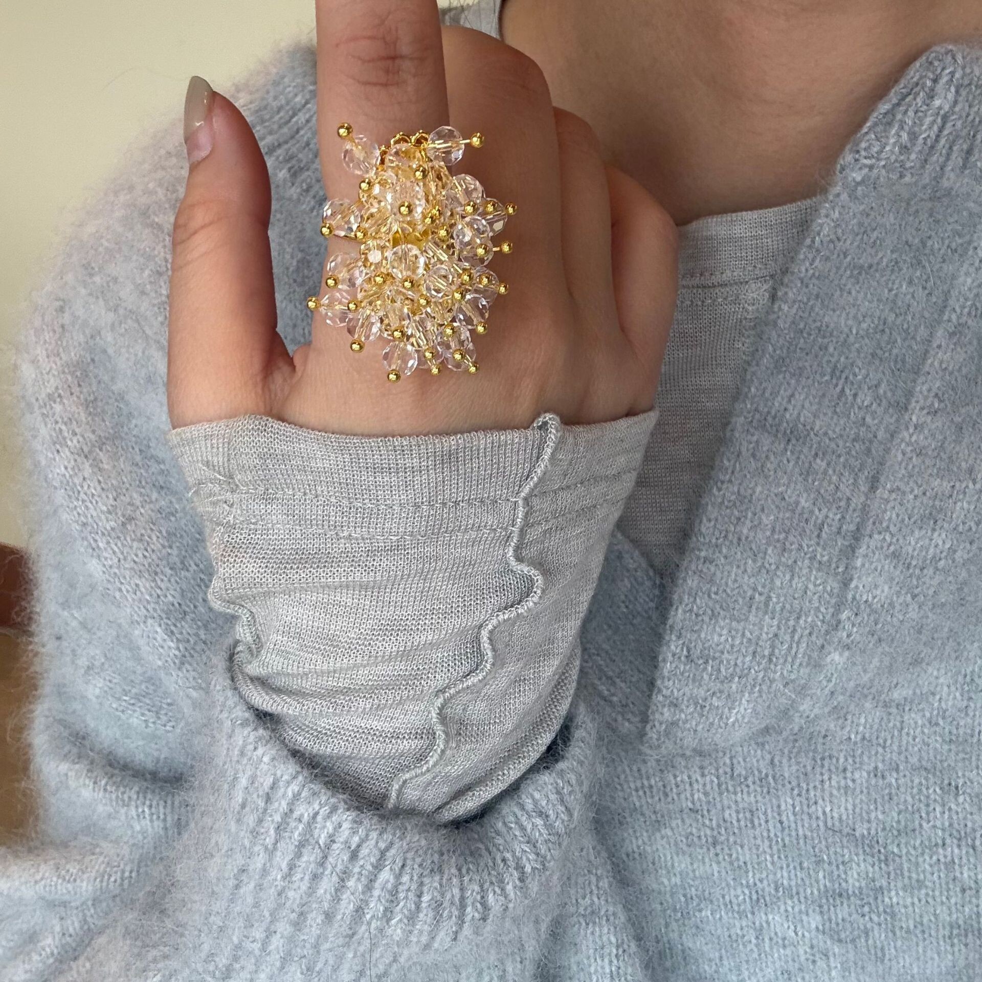 轻奢手工编织水晶流苏夸张戒指金银色水滴跨境欧美时尚百搭戒指女