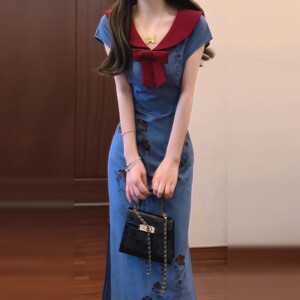 新中式国风蝴蝶结碎花连衣裙子女夏季2025新修身显瘦旗袍长裙