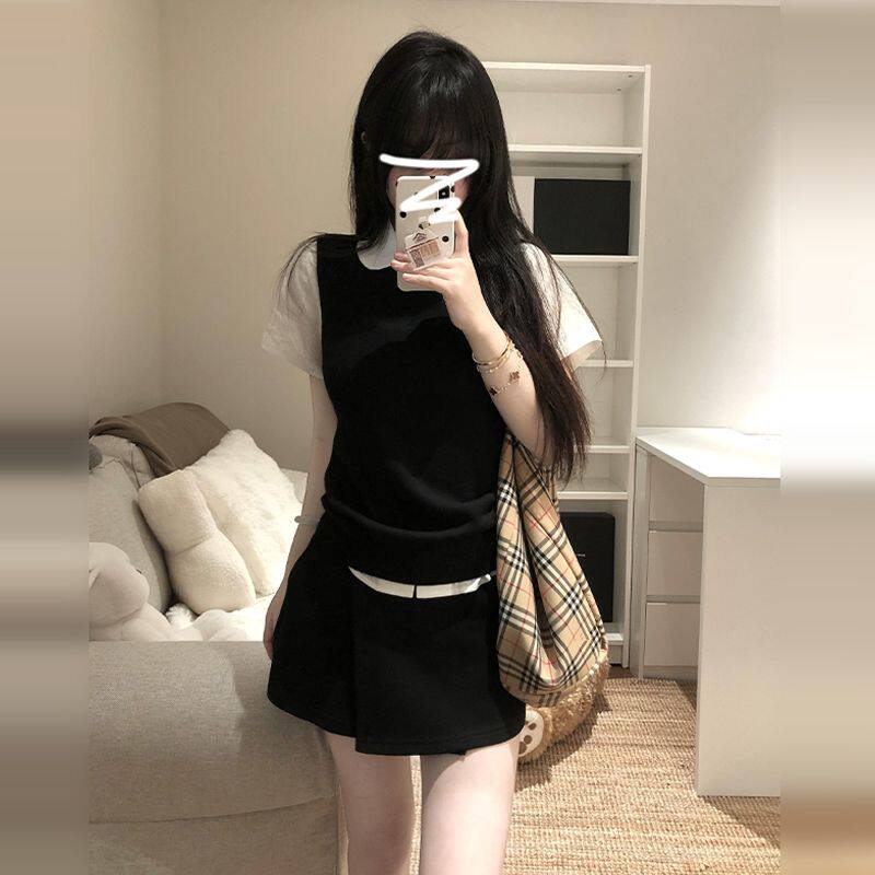 黑色无袖针织背心女春夏季2026新款韩系学院风叠穿衬衫马甲短上衣