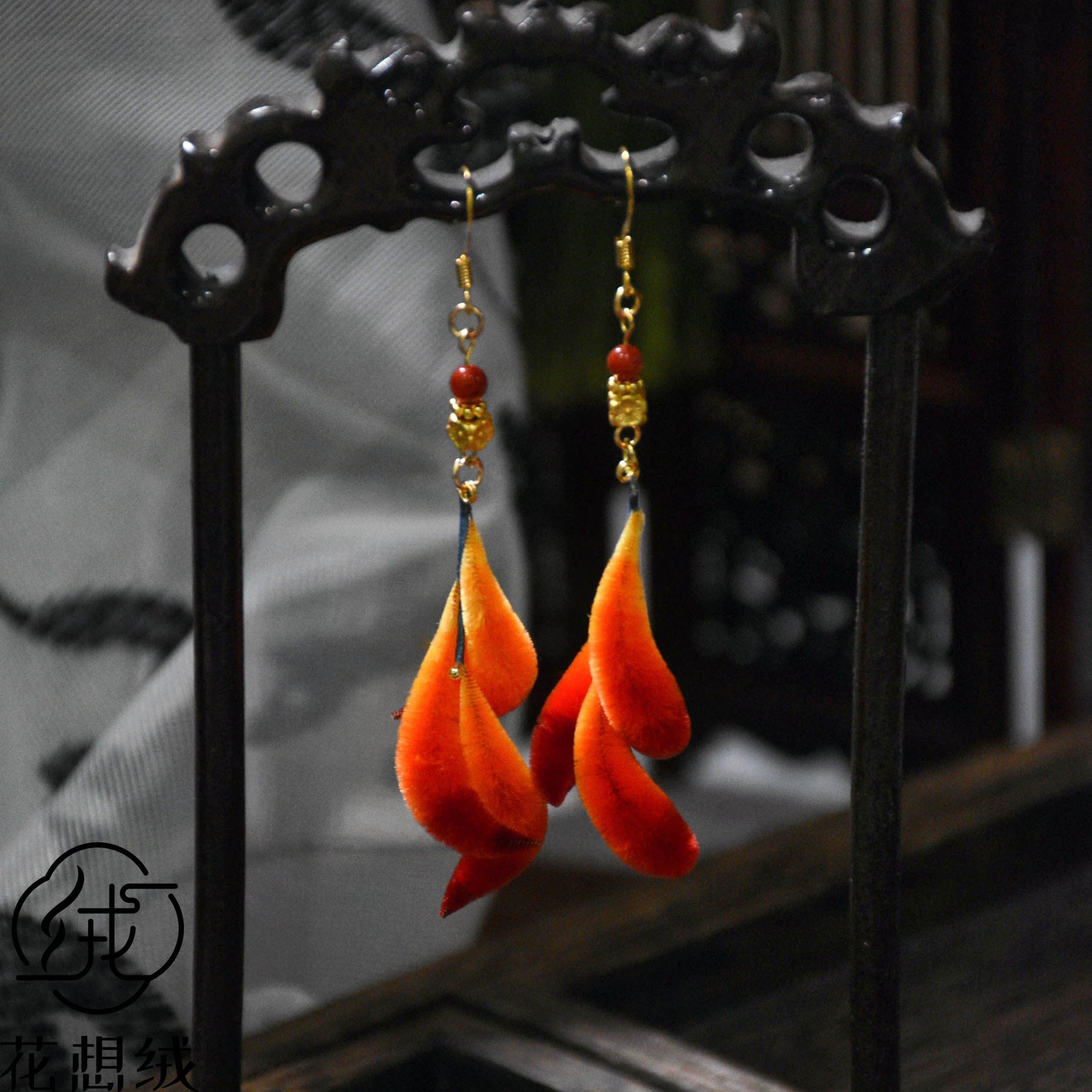 原创非遗绒花【狐尾耳坠】现货小众国风绒花仿古耳夹耳钩配饰,模玩/动漫/周边/娃圈三坑/桌游,古风/国风配饰,淘宝优惠券,粉丝福利购,淘宝优惠卷