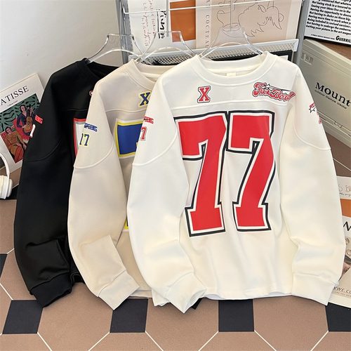 冰球服77号美式hiphop球衣风t恤长袖重磅圆领卫衣男2024新款外套