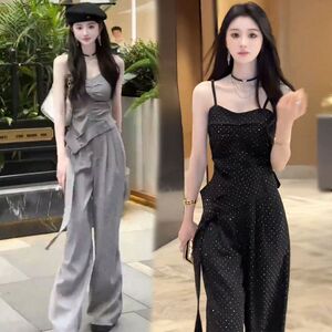 性感辣妹套装不规则烫钻吊带上衣女夏季高腰阔腿长裤子气质两件套