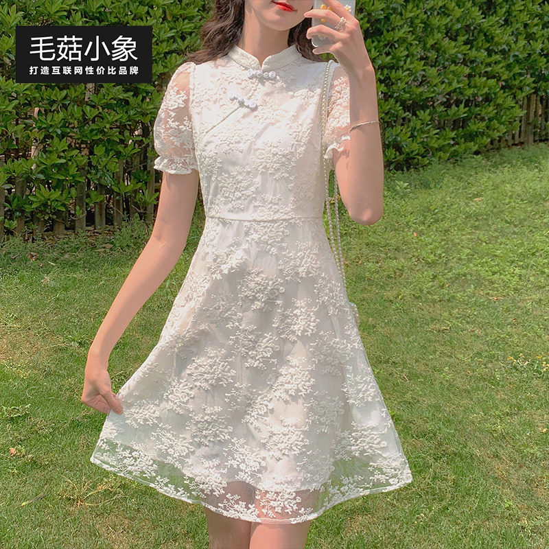 毛菇小象网纱旗袍扣连衣裙女2020新款夏流行泡泡袖长裙白色刺绣裙