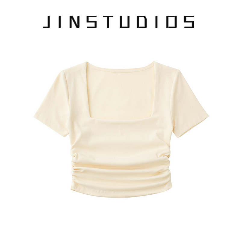 美式辣妹风纯欲方领褶皱短袖T恤