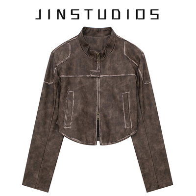 美拉德风复古做旧拉链超短皮外头