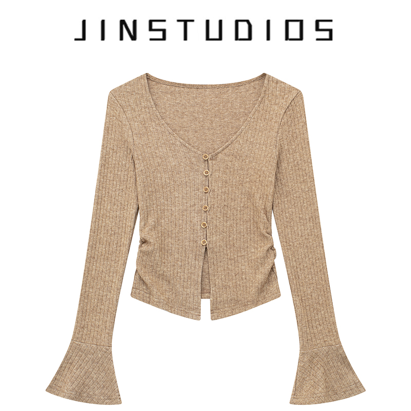 纯欲辣妹修身V领喇叭袖开衫上衣