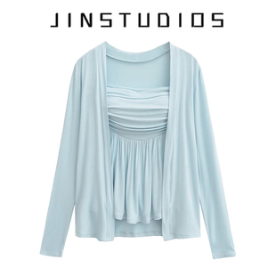 2025春夏纯欲辣妹褶皱一字领抹胸胸垫背心开衫 两件套温柔百搭套装