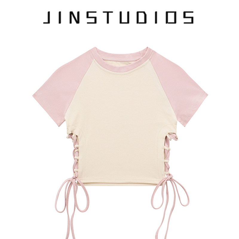 纯欲辣妹风个性绑带露腰短袖T恤