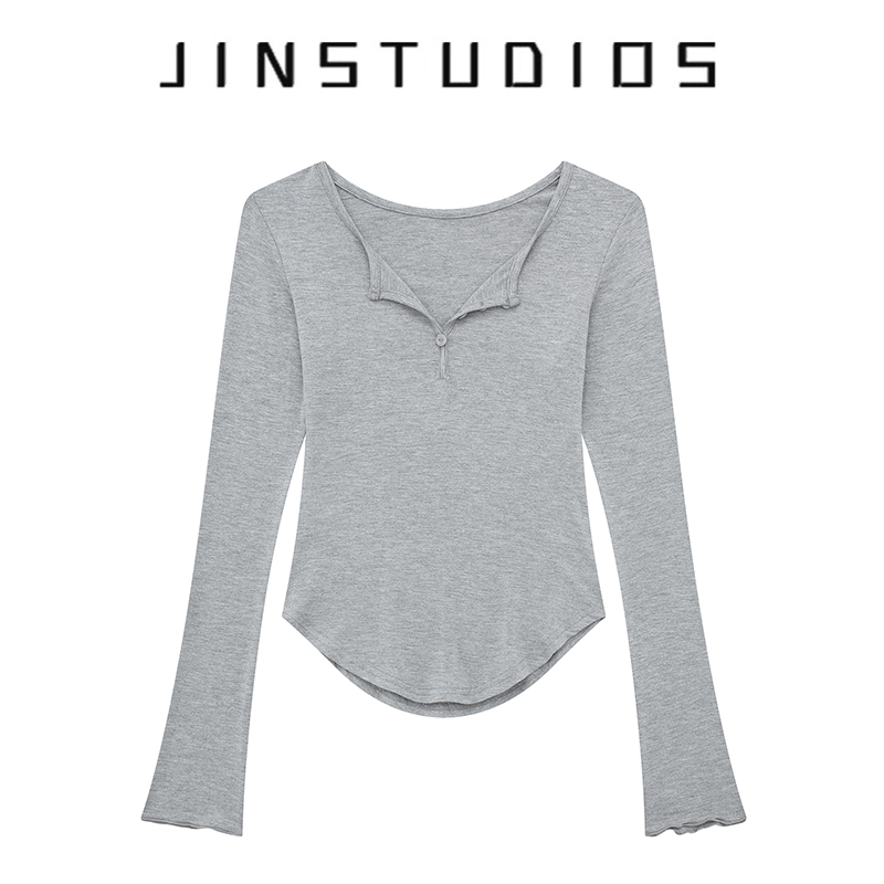 2024春美式辣妹风纽扣小V领套头长袖T恤修身纯欲显瘦百搭上衣打底