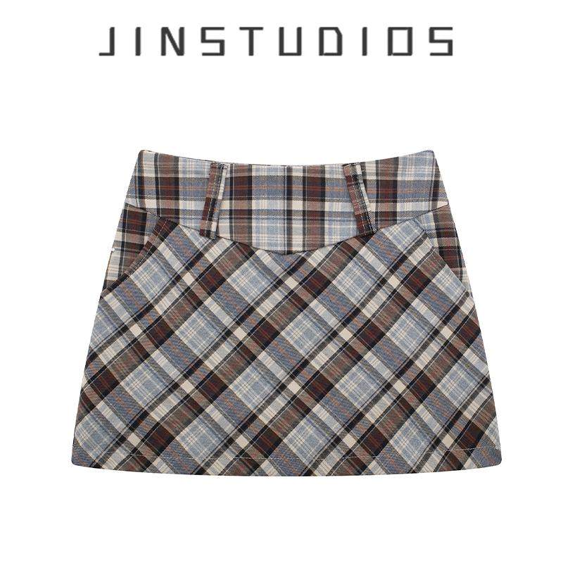 25秋美式复古辣妹格子撞色包臀短裙显瘦百搭收腰a字裙半裙打底裙