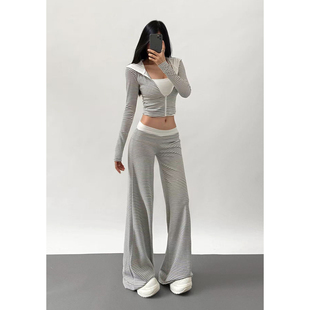 纯欲休闲两件套 套装 25秋美式 辣妹撞色条纹拉链连帽短外套微喇长裤