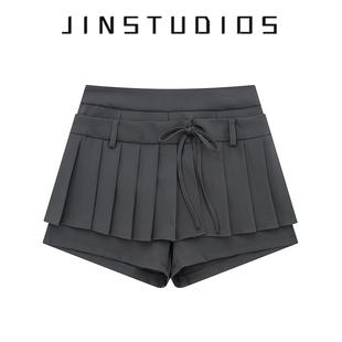 JIN自制秋美式 校园风蝴蝶结系带防走光百褶短裙显瘦百搭辣妹a字裙