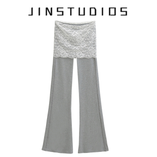 2025夏纯欲辣妹风蕾丝裙摆拼接微喇长裤 显瘦显腿长百搭弹力休闲裤