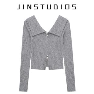 JIN自制2025秋纯欲辣妹风个性 打底 翻领拉链坑条上衣显瘦百搭修身