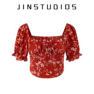 辣妹海岛度假风显白百搭上衣女 衬衫 法式 风情复古碎花方领泡泡短袖