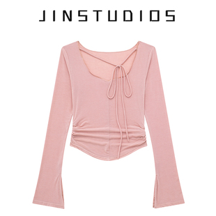 JIN自制2025春纯欲芭蕾风挂脖系带喇叭袖 百搭褶皱辣妹上衣 T恤修身