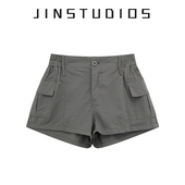 百搭显瘦阔腿热裤 JIN自制25夏美式 短裤 口袋松紧高腰工装 复古个性