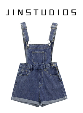 JIN自制春夏个性卷边口袋牛仔背带裤百搭显瘦显腿长辣妹短裤热裤