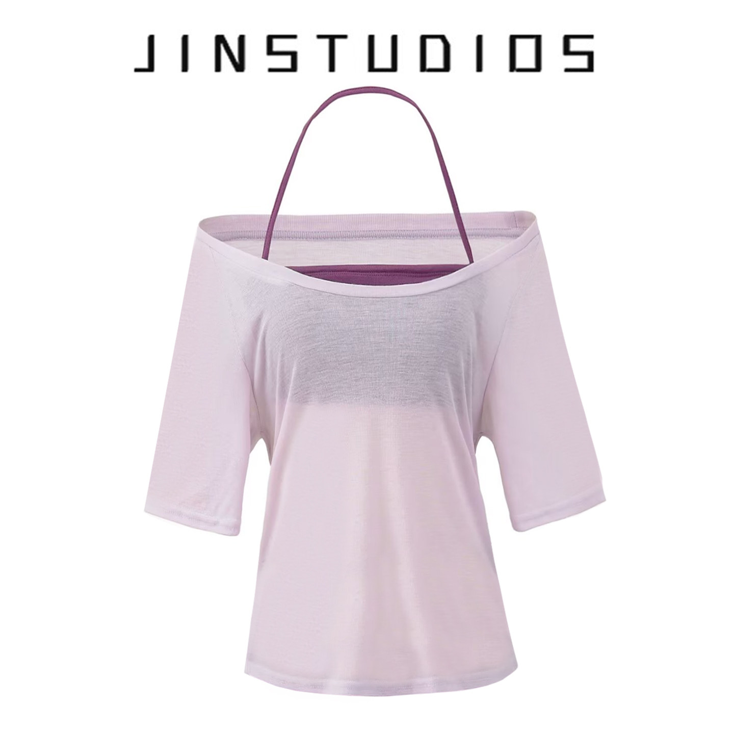 2026夏纯欲辣妹大U领纯色透视短袖T恤挂脖胸垫背心两件套百搭套装