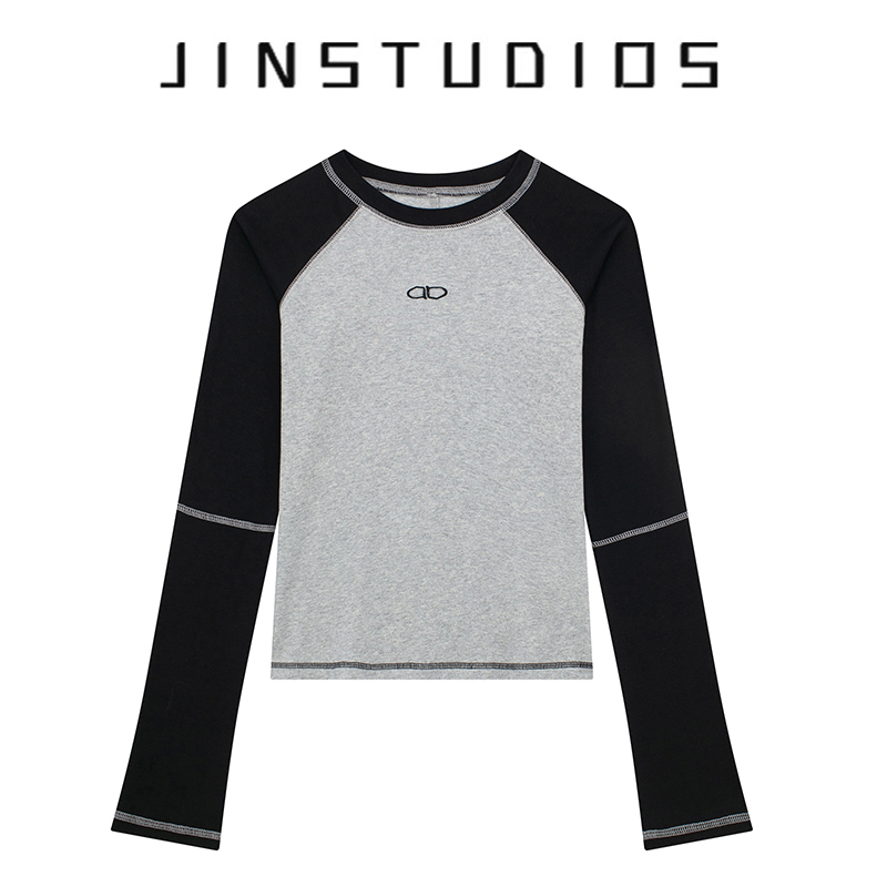 美式辣妹字母拼接撞色长袖体恤