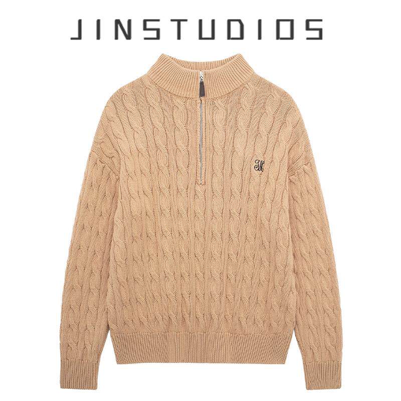 25秋冬美式复古字母刺绣麻花股针织衫宽松显瘦百搭半拉链套头毛衣