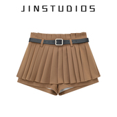 显瘦显腿长高腰辣妹热裤 2025秋美式 校园风腰带百褶短裙防走光裙裤