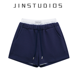 设计感个性字母蕾丝拼接假两件运动短裤显瘦百搭辣妹休闲阔腿热裤