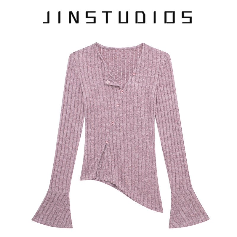 设计感辣妹风单排卸扣喇叭袖上衣