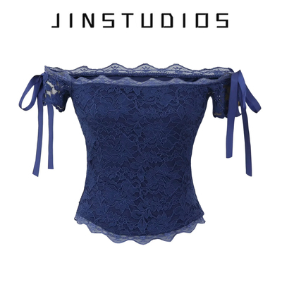 2025夏纯欲辣妹风纯色蕾丝一字领短袖上衣修身显瘦百搭短款小衫女