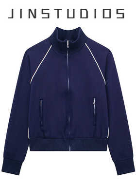 2025春美式运动风白条撞色拉链立领短外套宽松百搭显瘦辣妹短上衣