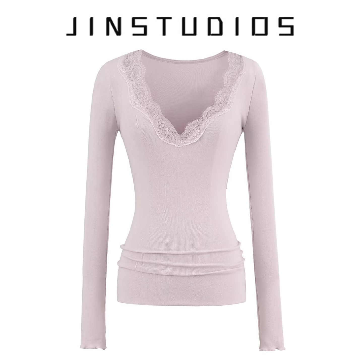 纯欲辣妹纯色蕾丝V领长袖T恤短款