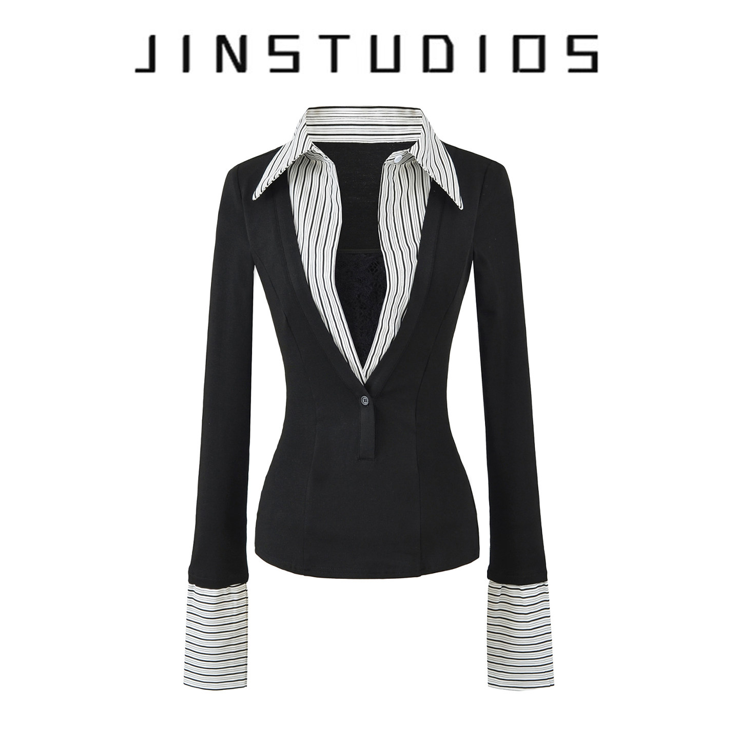 2026春美式复古辣妹纯欲蕾丝拼接条纹polo领衬衫修身显瘦百搭上衣,女装/女士精品,衬衫,淘宝优惠券,粉丝福利购,淘宝优惠卷