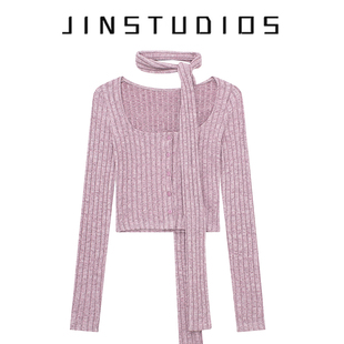 超短百搭开衫 JIN自制秋复古辣妹风项圈系带单排扣U领长袖 上衣修身