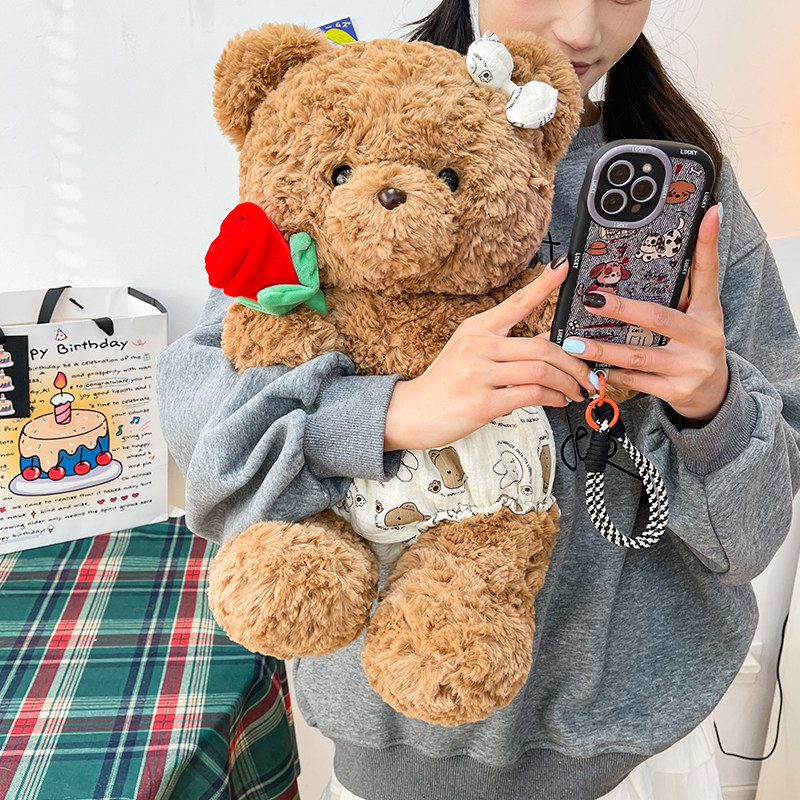 巴塞泰迪熊抱玫瑰花小熊毛绒玩具罗熊公仔娃娃生日礼物送女生玩偶