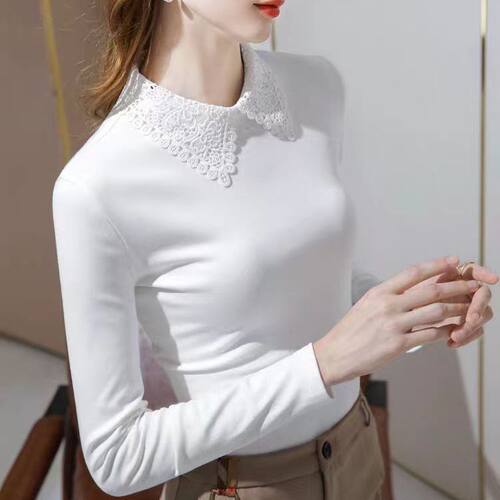 通勤蕾丝翻领长袖修身打底T恤女
