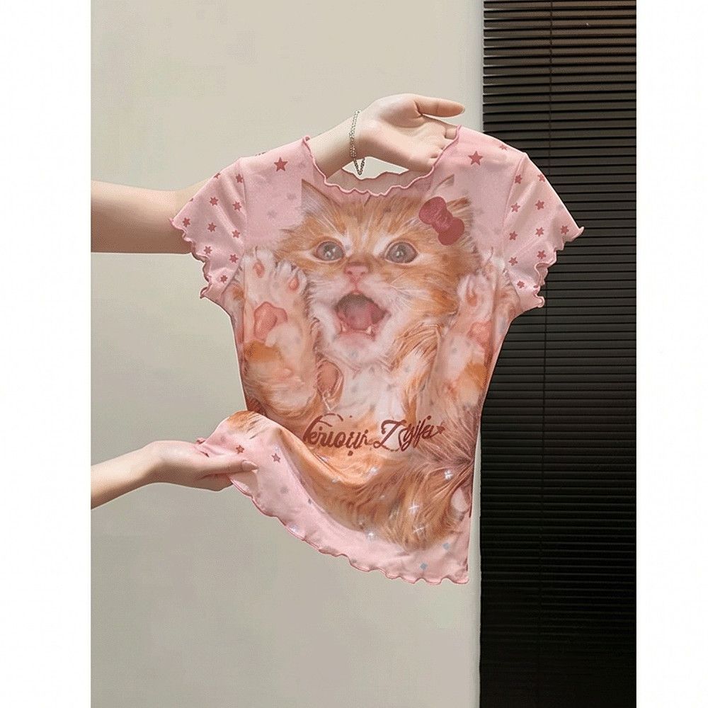 夏季甜酷粉猫咪印花网纱短袖T恤