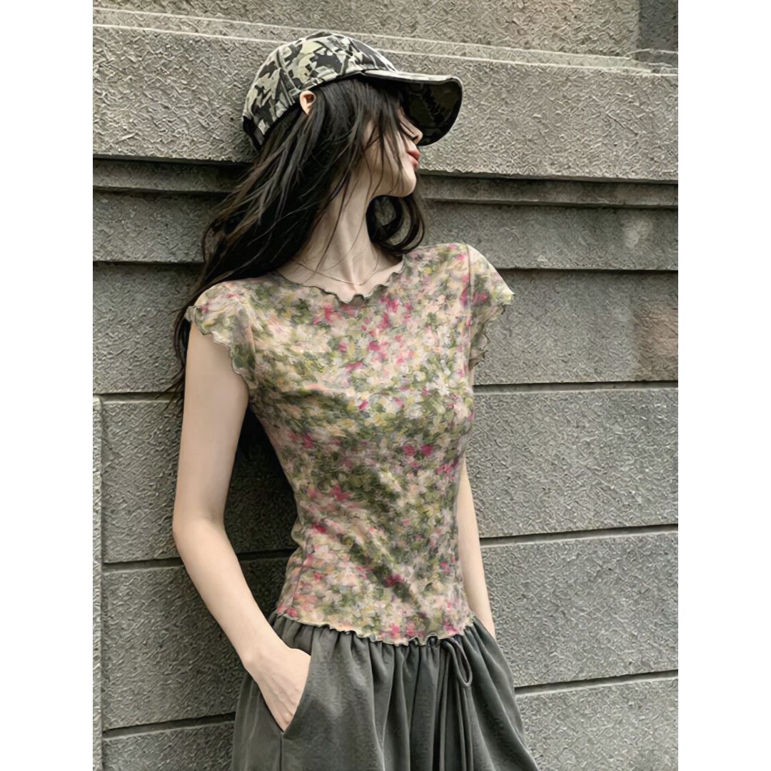 夏季网纱碎花短袖T恤透气显瘦
