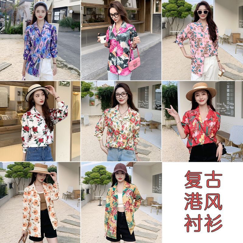 80年代复古港风大码印花衬衫女图片