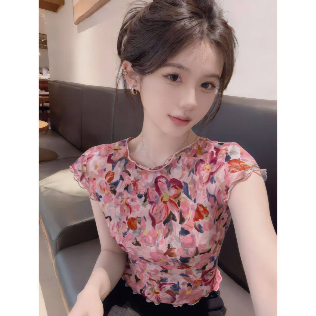 夏季甜美碎花双层网纱短袖T恤