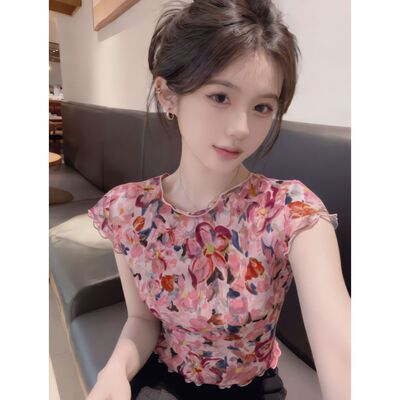 夏季甜美碎花双层网纱短袖T恤