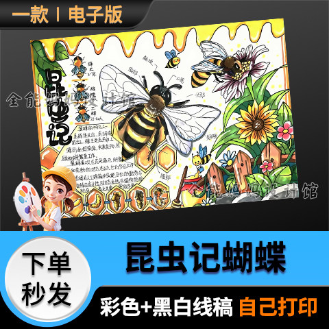 昆虫记蝴蝶手抄报模版好书中小学生推荐读书小报线稿电子版6507
