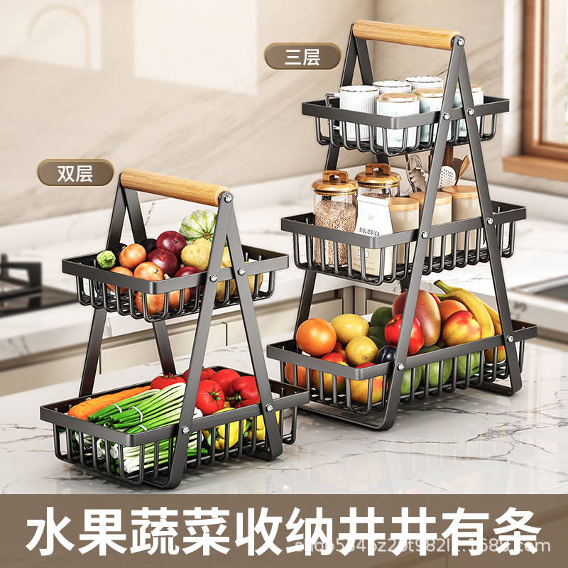 跨境可卸拆铁艺水果篮组装三层木质手提篮厨房零食收纳篮置物架