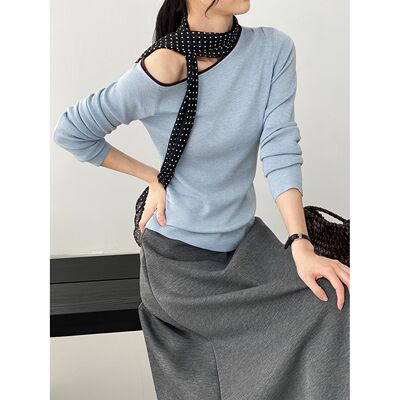 不晚早春6羊毛斜肩撞色针织衫女慵懒风温柔修身百搭套头上衣