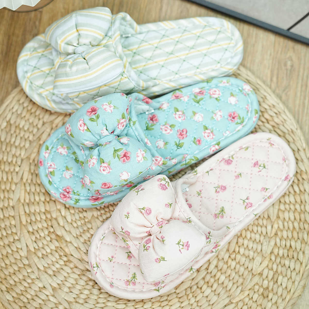 居家室内棉麻拖鞋女夏可爱蝴蝶结家用静音无声软布底地板拖鞋四季