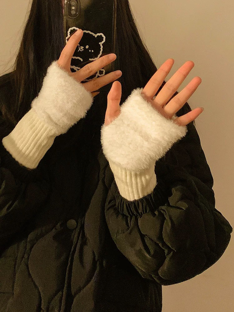 保暖毛线半指手套女冬季毛绒针织护手腕漏指百搭触屏办公学生写字
